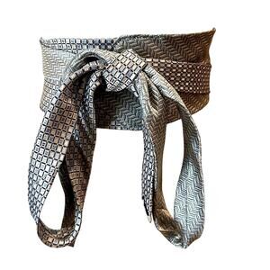 Silver Obi Belt Wide One Size Wrap Unique Satin Artsy Plaid Handmade One a Kind